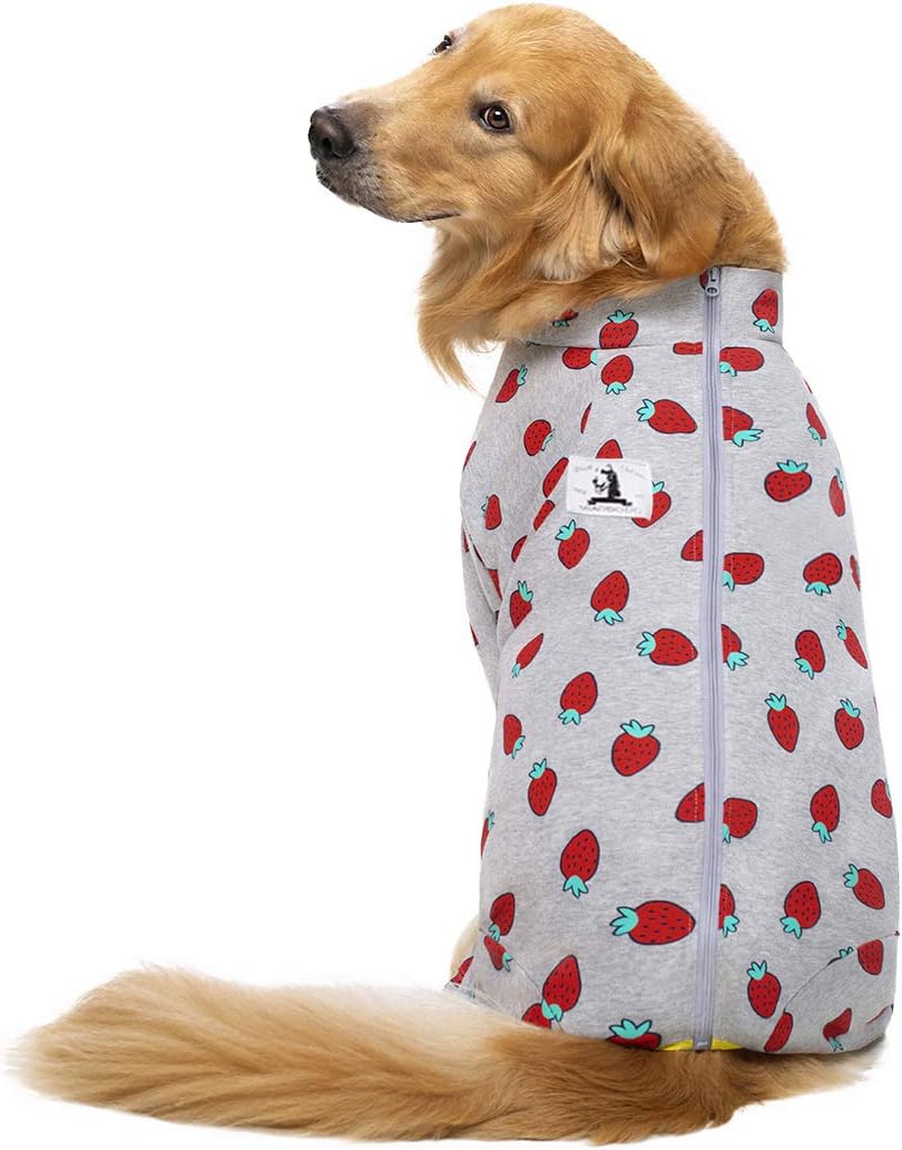 Grosser Hunde-Pyjama aus Baumwolle, Erdbeerdruck, volle Bauchbedeckung, für mittelgrosse und grosse