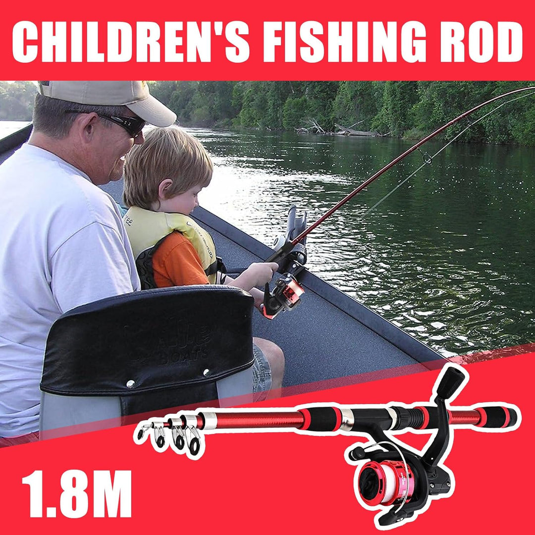 Angelset für Kinder, Rot 1.8m Kinderangel Starter Set, Angelrute Set Kinder mit Angelrolle und Köder