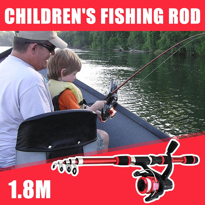 Angelset für Kinder, Rot 1.8m Kinderangel Starter Set, Angelrute Set Kinder mit Angelrolle und Köder