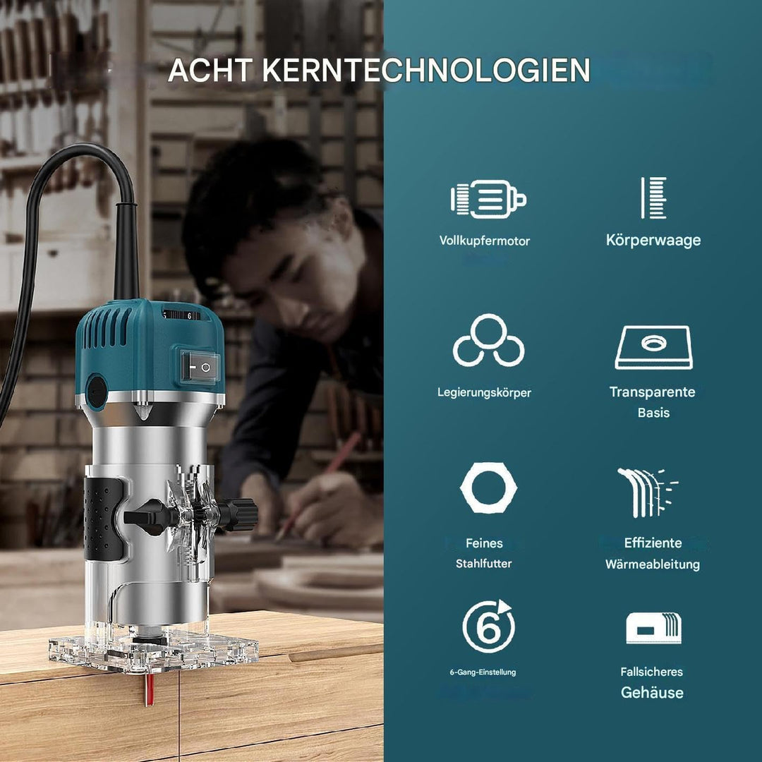 Einhandfräse, Holzschneidemaschine, Holzfräse Oberfräse 800W 40000 U/min, 6 Geschwindigkeiten, 6,35m