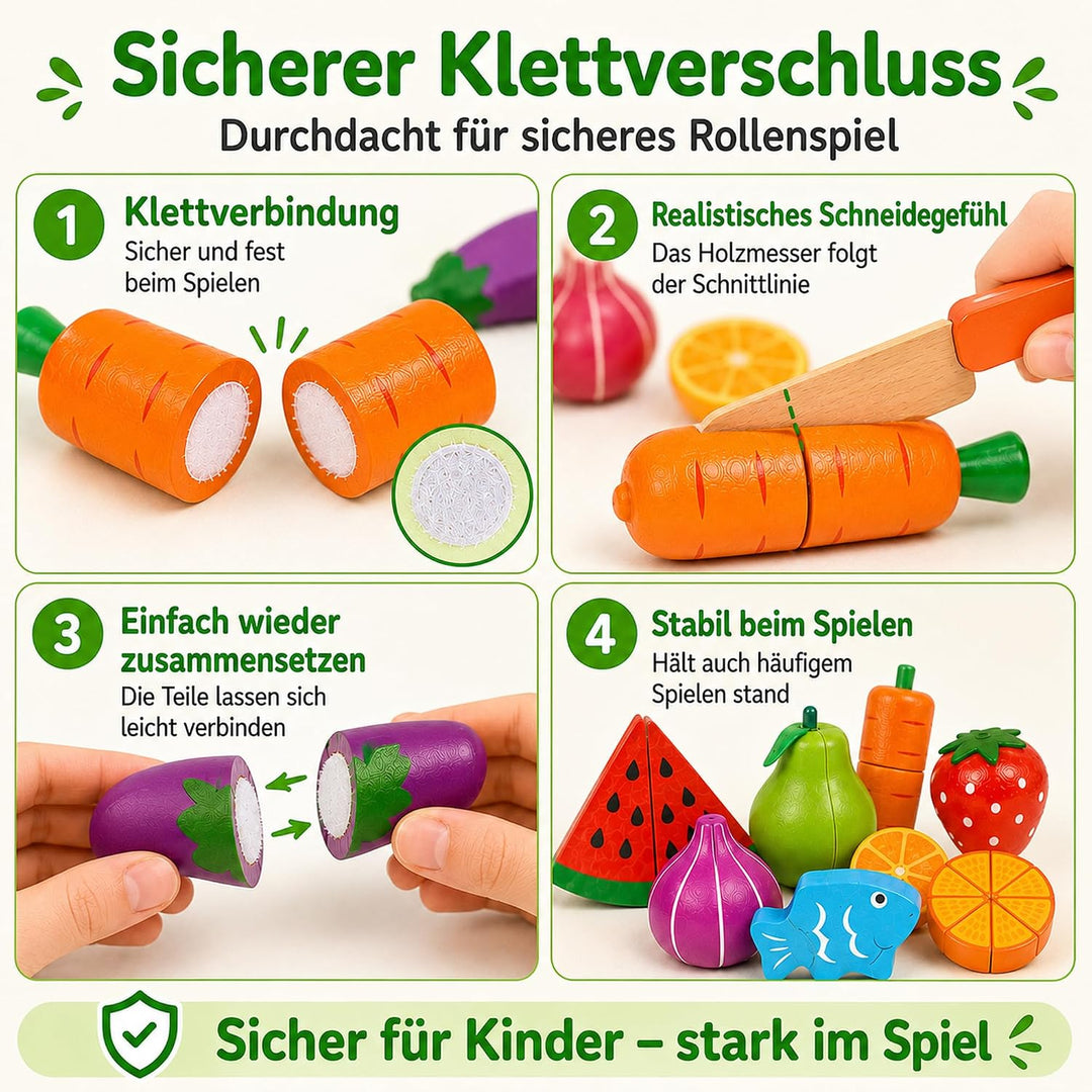 Kinder Holzspielzeug Küche – Schneideset mit Obst und Gemüse zum Zerschneiden, inkl. Schäler/Holzmes