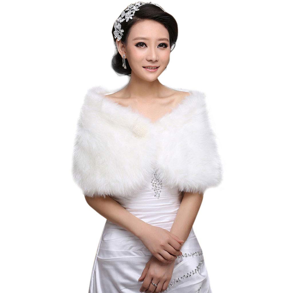 Womens White Kunstpelz Braut Wrap Stola Schal Cape Hochzeit Künstliche Perle Ball Verschönerung Wint
