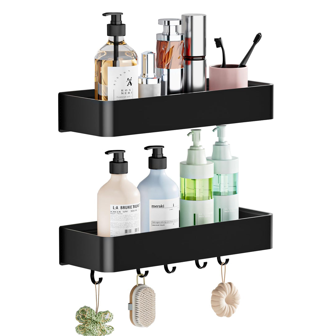 Wisfame Duschablage ohne Bohren, 2 Stück Aluminium Badezimmer Organizer mit 5 Haken, Wasserdichter,