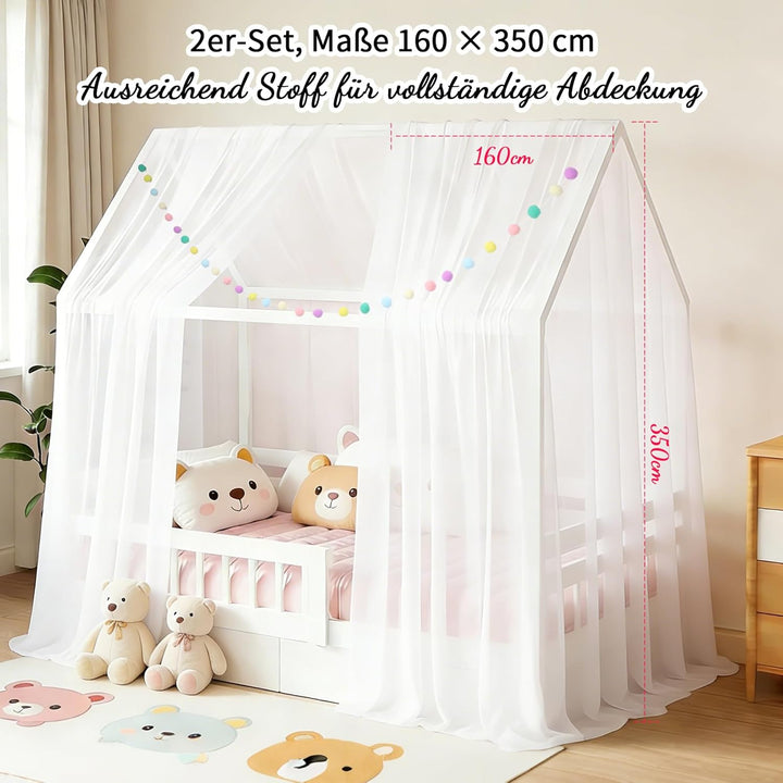 2 Stück Hausbett Himmel für Kinderbett, 160x350cm mit Farbiger Pompon-Girlande & Befestigungsbändern