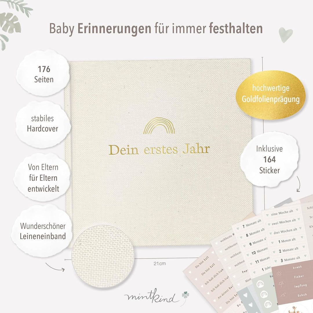 mintkind® Mein erstes Jahr Babyalbum Beige Leinen – zeitloses Babytagebuch mit 176 Seiten und Sticke