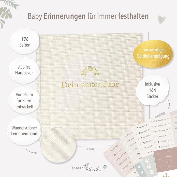 mintkind® Mein erstes Jahr Babyalbum Beige Leinen – zeitloses Babytagebuch mit 176 Seiten und Sticke