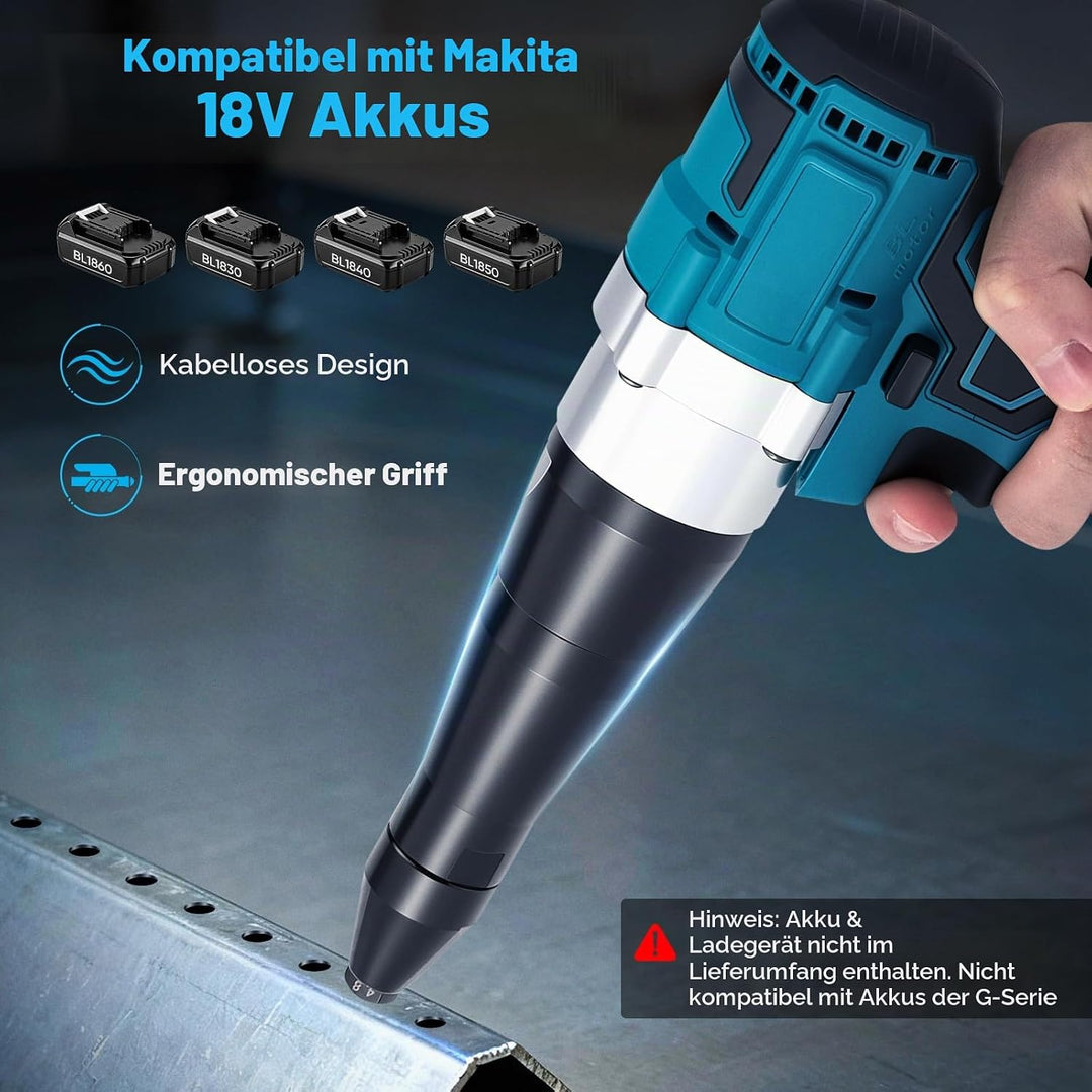 Akku Nietzange Kompatibel mit Makita 18V, Akku-Nietgerät mit Brushless Motor, 3 Düsen für 2,4-5,0 mm