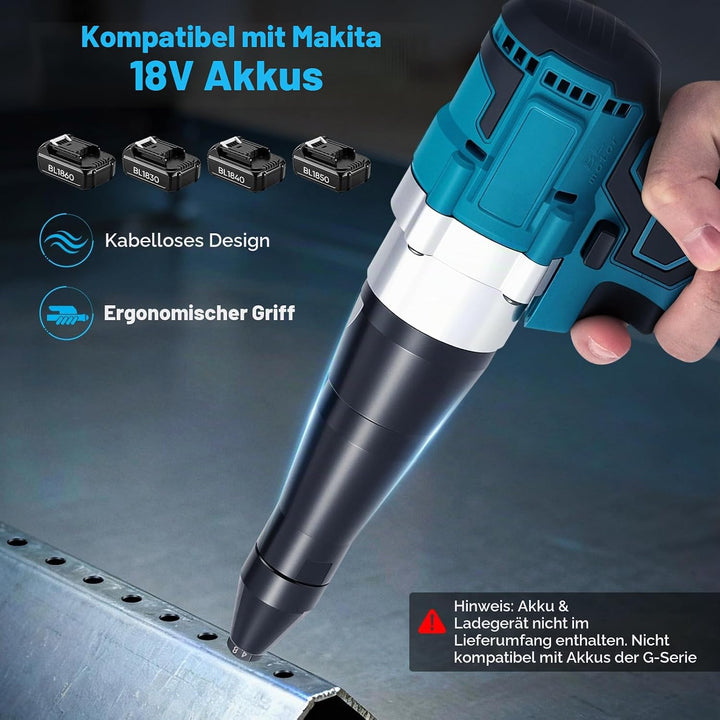 Akku Nietzange Kompatibel mit Makita 18V, Akku-Nietgerät mit Brushless Motor, 3 Düsen für 2,4-5,0 mm
