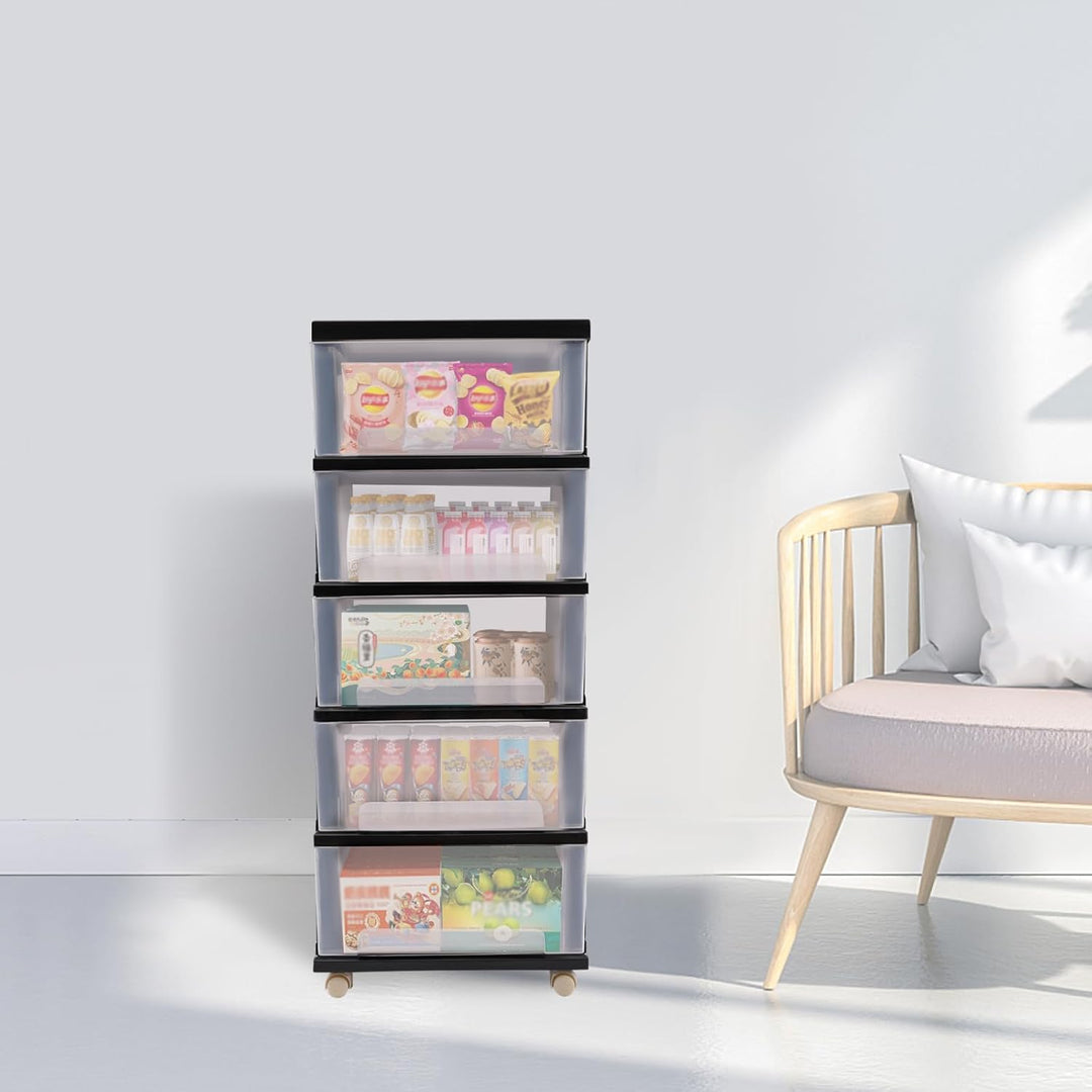 WooDerson 5-Schubladen Organizer Aus PP, Schwarz, Mit Rollen Und Rutschfestem Design, Grosser Aufbew