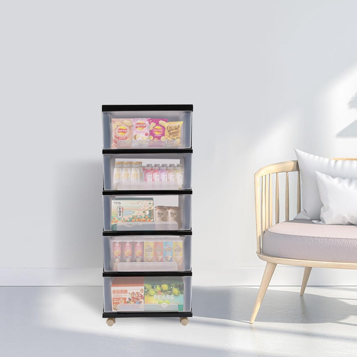 WooDerson 5-Schubladen Organizer Aus PP, Schwarz, Mit Rollen Und Rutschfestem Design, Grosser Aufbew