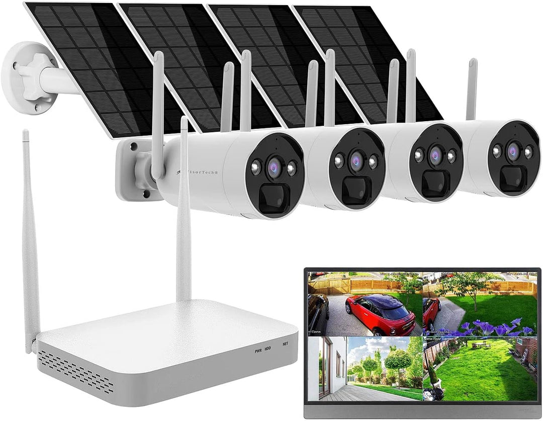 VisorTech Videoüberwachung: 2K-Festplatten-Überwachungsrekorder + 4 Solar-Akku-Kameras, HDMI, App (S