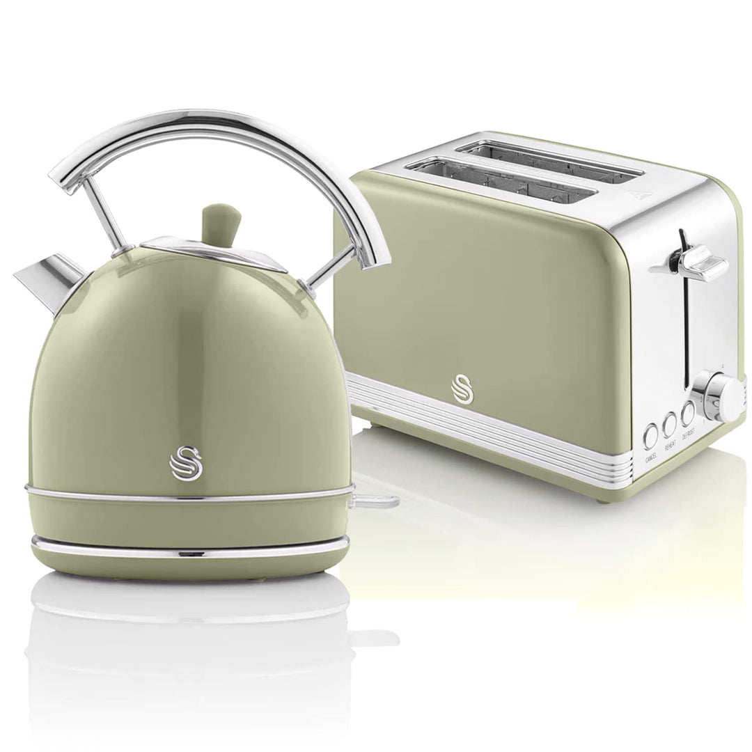 Swan Retro Set Frühstückswasserkocher 1,8L Kabelloser Wasserkocher mit Edelstahl-Heizelement, 2 Sche