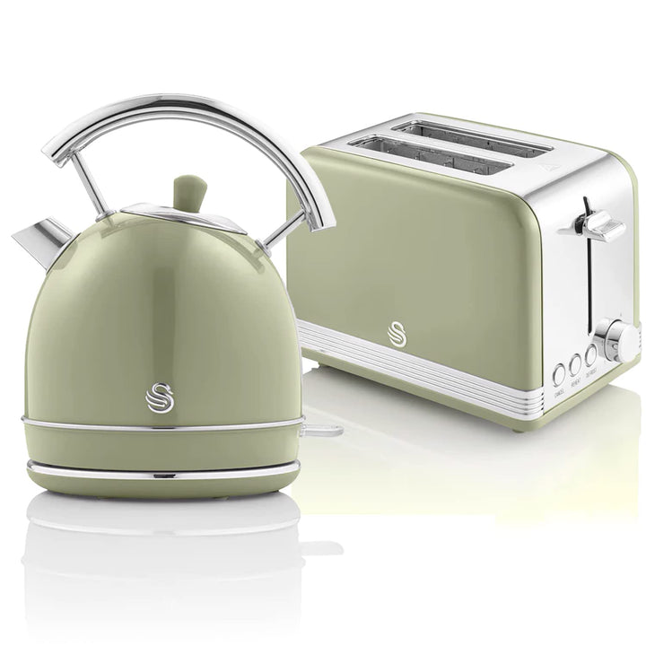 Swan Retro Set Frühstückswasserkocher 1,8L Kabelloser Wasserkocher mit Edelstahl-Heizelement, 2 Sche