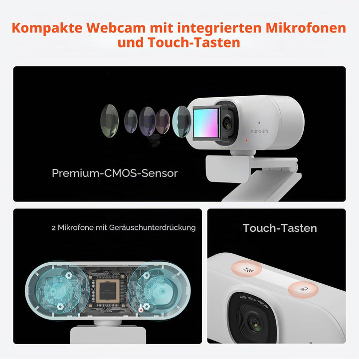 Nuroum V15-AF 2K Webcam mit Autofokus, 1080P 60fps PC Kamera mit Mikrofon, 75°Weitwinkel/Rauschunter