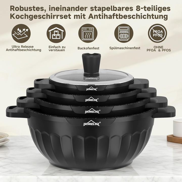 HOMELUX Topfset Induktion 8-teilig, 20/24/28/32cm Kochtopf Set mit Antihaftbeschichtet, Kochtöpfe In