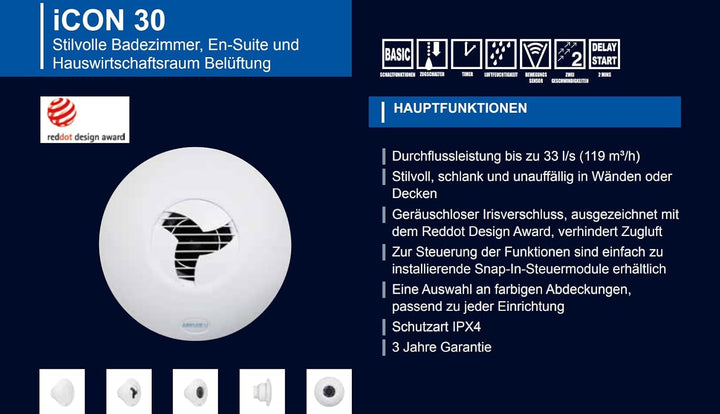 Airflow iCON 30 Badlüfter Abluftventilator – 100mm/4 | 33 l/s Luftstrom, Energieeffizient 10,7W, Lei