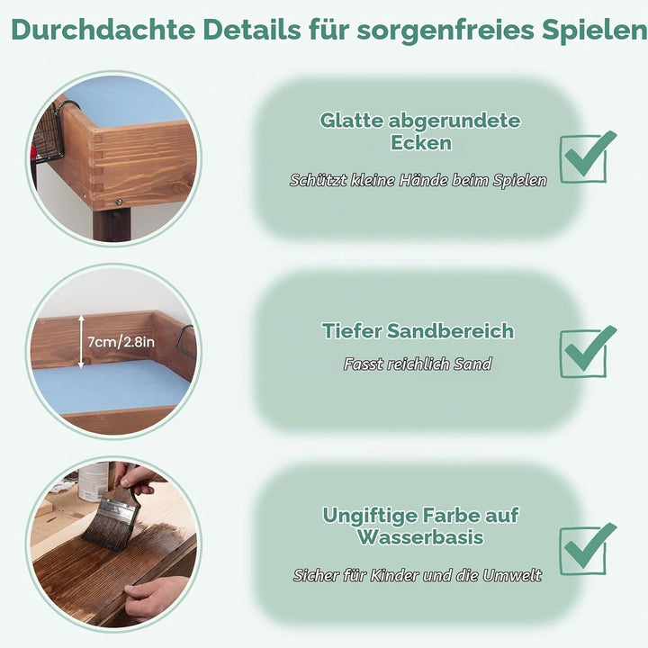 WOODENFUN Matschküche für Kinder Outdoor Sandkasten mit Dekoration Holz Zubehör, Spülen, Eimer, Sand