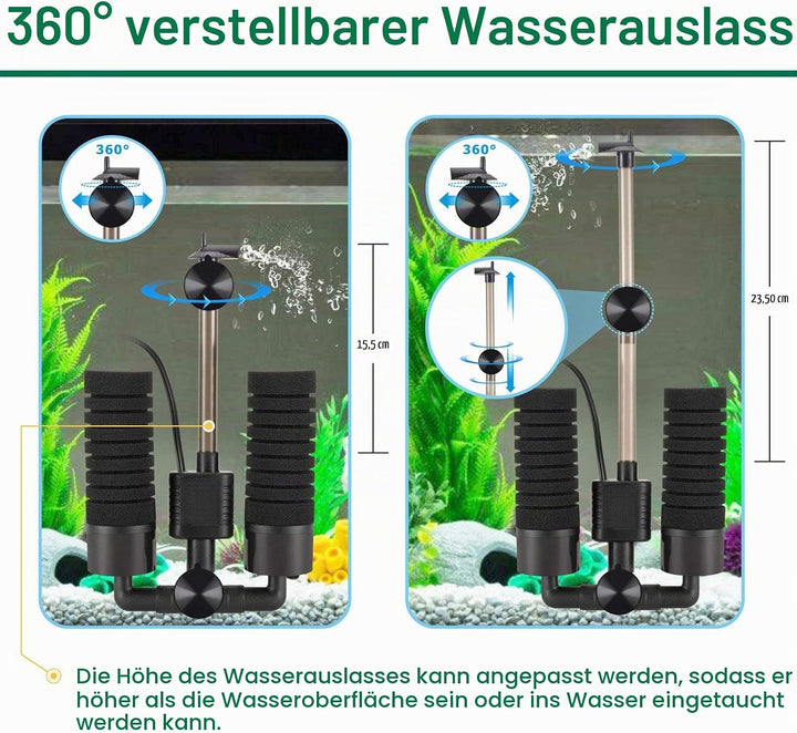 AQQA Aquarium Schwammfilter,3/5W Elektrischer Aquarium Filter,Leiser Tauchschaum Doppelschwammfilter