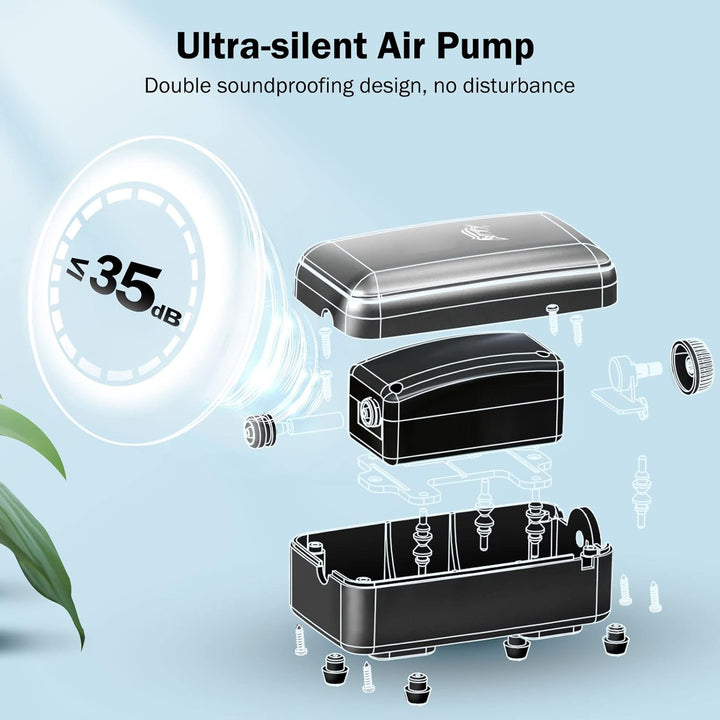 AQQA Aquarium Luftpumpe, ≤ 35dB Extrem Leise Aquarium Sauerstoffpumpe mit Doppel Rückschlagventil Zu