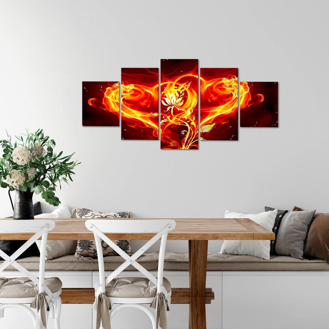 Runa Art Wandbilder Feuer Herz 5 Teilig Bild auf Vlies Leinwand Deko Wohnzimmer Feuerblume Flamme Ro