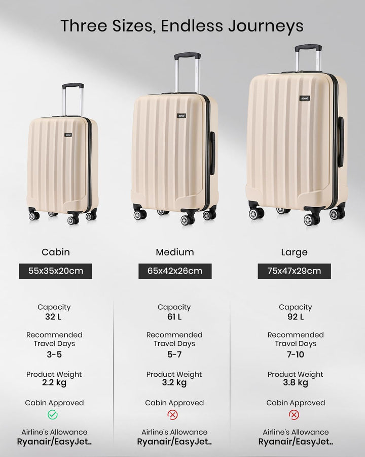KONO Koffer Trolley Mittelgross Hartschale ABS Reisekoffer Rollkoffer Suitcase (Beige, L) Beige L, B