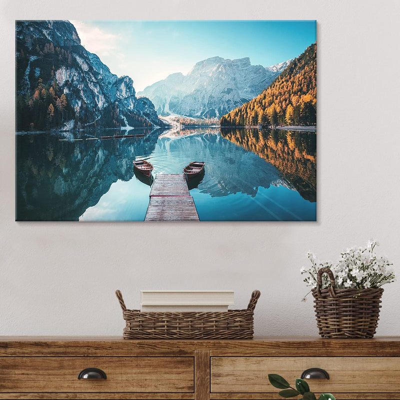 PICANOVA – Bild auf Leinwand Dolomites Bergsee Pragser Wildsee 60x40cm Leinwandbild – Premium Leinwa