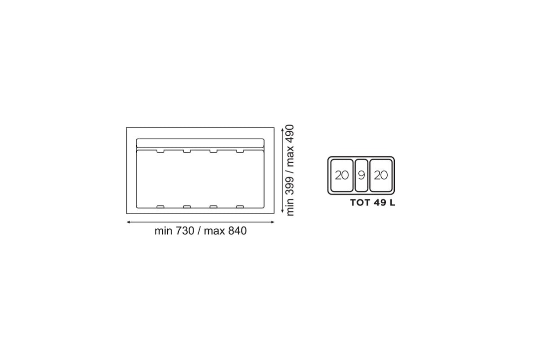 Mülltrennsystem 9 XL für 90 cm Schublade - Einbau-Mülleimer mit 3 Fächern (2x 20 L, 1x 9 L), Abfalle