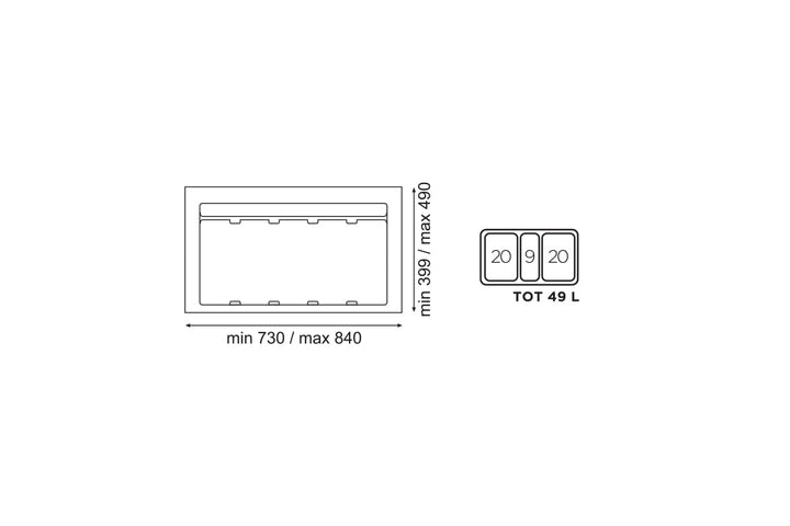 Mülltrennsystem 9 XL für 90 cm Schublade - Einbau-Mülleimer mit 3 Fächern (2x 20 L, 1x 9 L), Abfalle