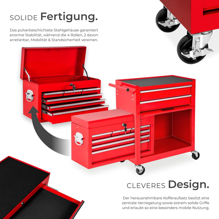 tectake Werkstattwagen Trolley mit Kofferaufsatz, Werkzeug Wagen abschliessbar, 10 Fächer, Mobile We