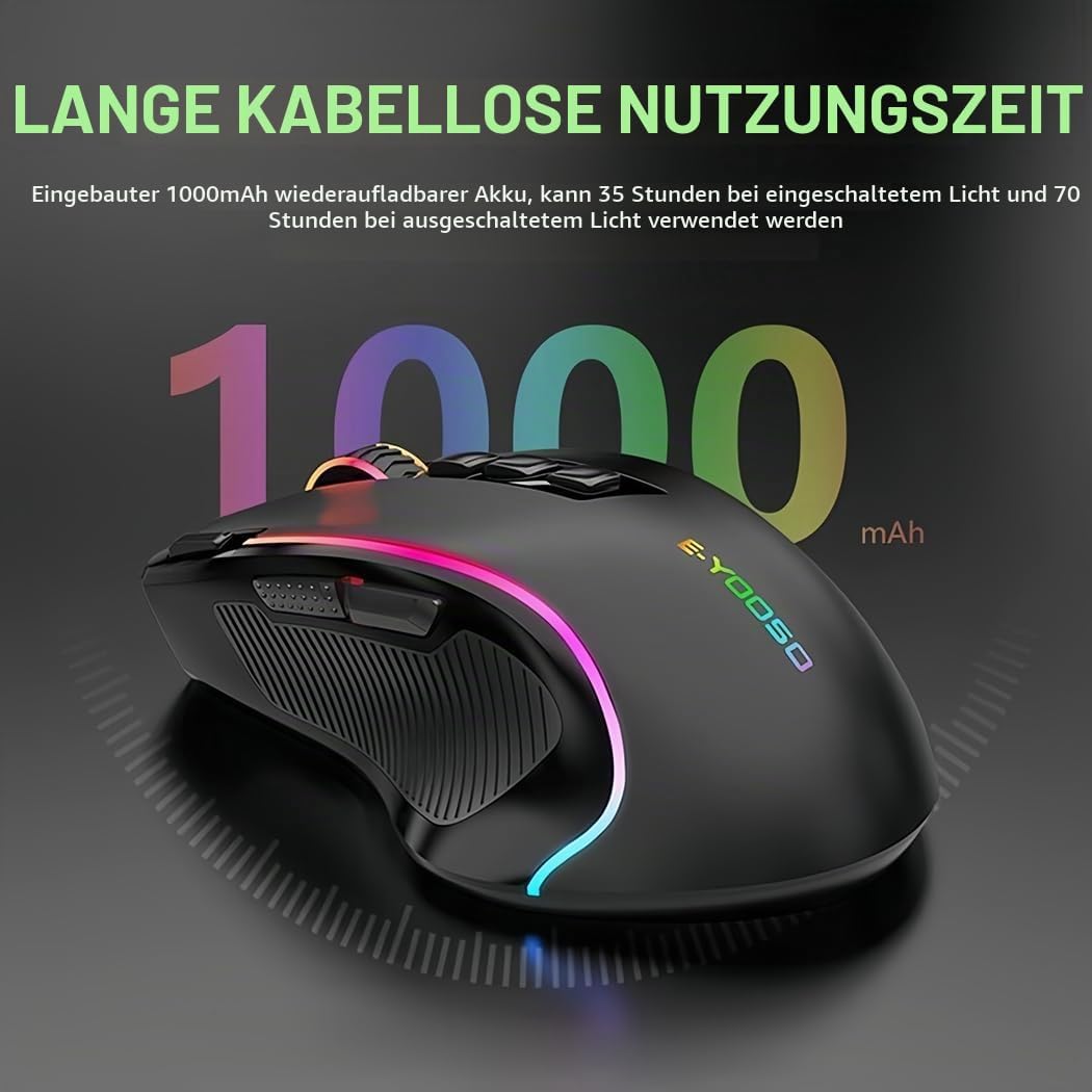 Niceon Gaming Maus kabellos RGB Wiederaufladbare, 9 Programmierbare Tasten, Langer Stunden Akkulaufz