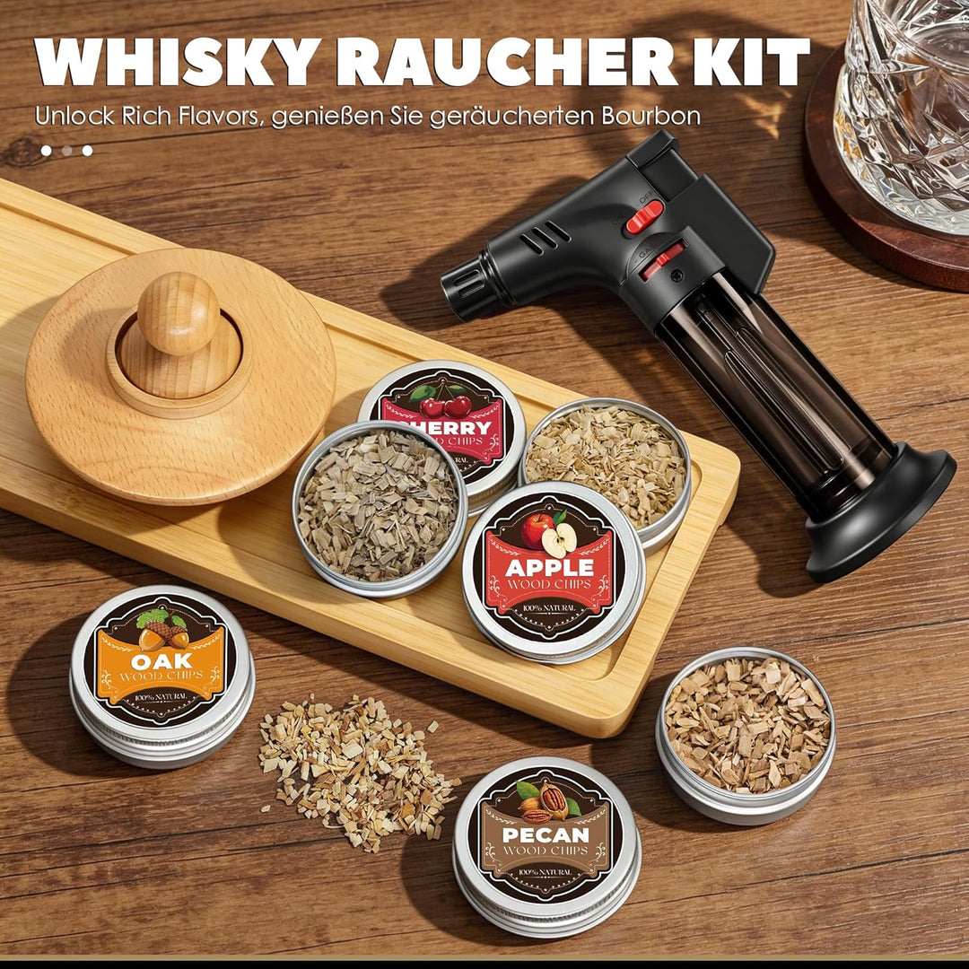 Whisky Räucher Set komplett mit Brenner und Holz-4 Geschmacksrichtungen, Cocktail Räucher Set mit Fl
