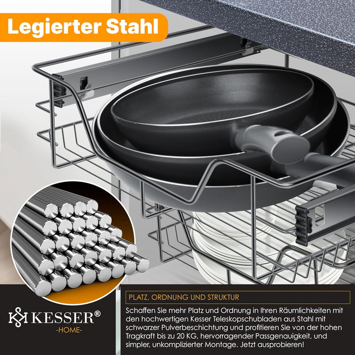 KESSER® Teleskopschublade 60cm Schrankbreite verchromt aus Edelstahl Schubladeneinsatz für Küchensch