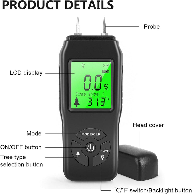 Feuchtigkeitsmessgerät Holz, Feuchtigkeitsmesser Detector, Feuchtemessgerät, Holzfeuchtemessgerät, F