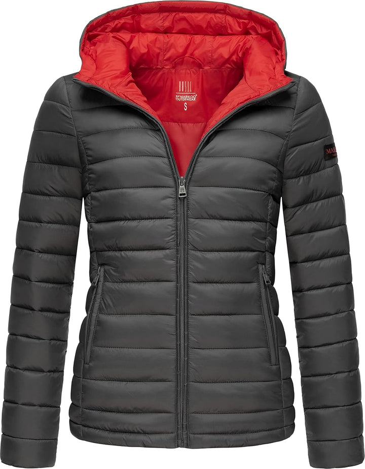 MARIKOO Damen Übergangsjacke leichte Steppjacke kurz mit Kapuze Lucy XS-3XL, XS Anthrazit