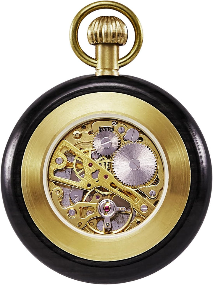TREEWETO Unisex Holz Taschenuhr mit Kette Analog Handaufzug Skelett Römische Ziffern Schwarz