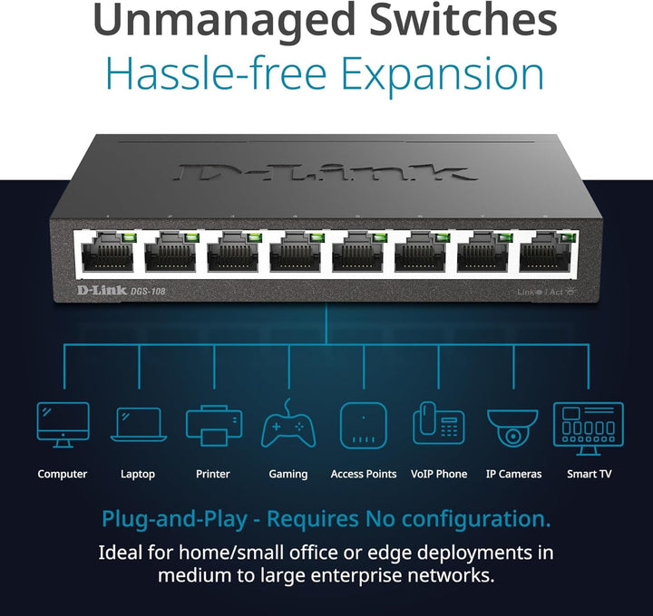 D-Link DGS-108 8-Port Layer2 Gigabit Switch (bis zu 2000 Mbit/s Datenübertragung pro Port, Non-Block