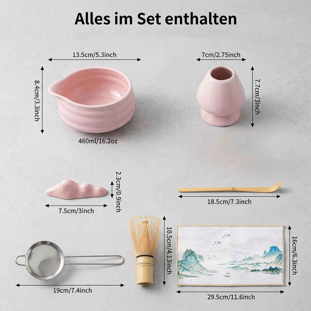 Matchaya Matcha Set 7-teilig Rosa – Keramik Chawan 460ml, Bambus Chasen & Halter, Chashaku, Ablage,