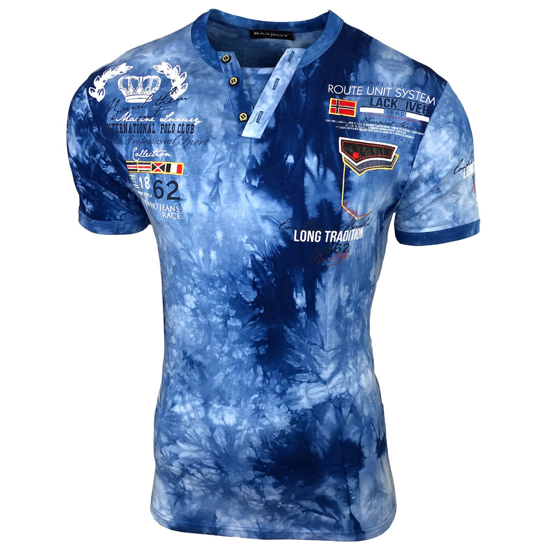 Herren Vintage Verwaschen Kurzarm T-Shirt Slim Fit Design Fashion Top Print Batik Shirt 2285 S Sax,