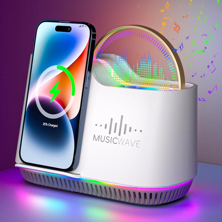 Bluetooth Lautsprecher mit Nachtlicht und Wireless Charger, Touch Dimmbar Nachttischlampe mit Gibt 5