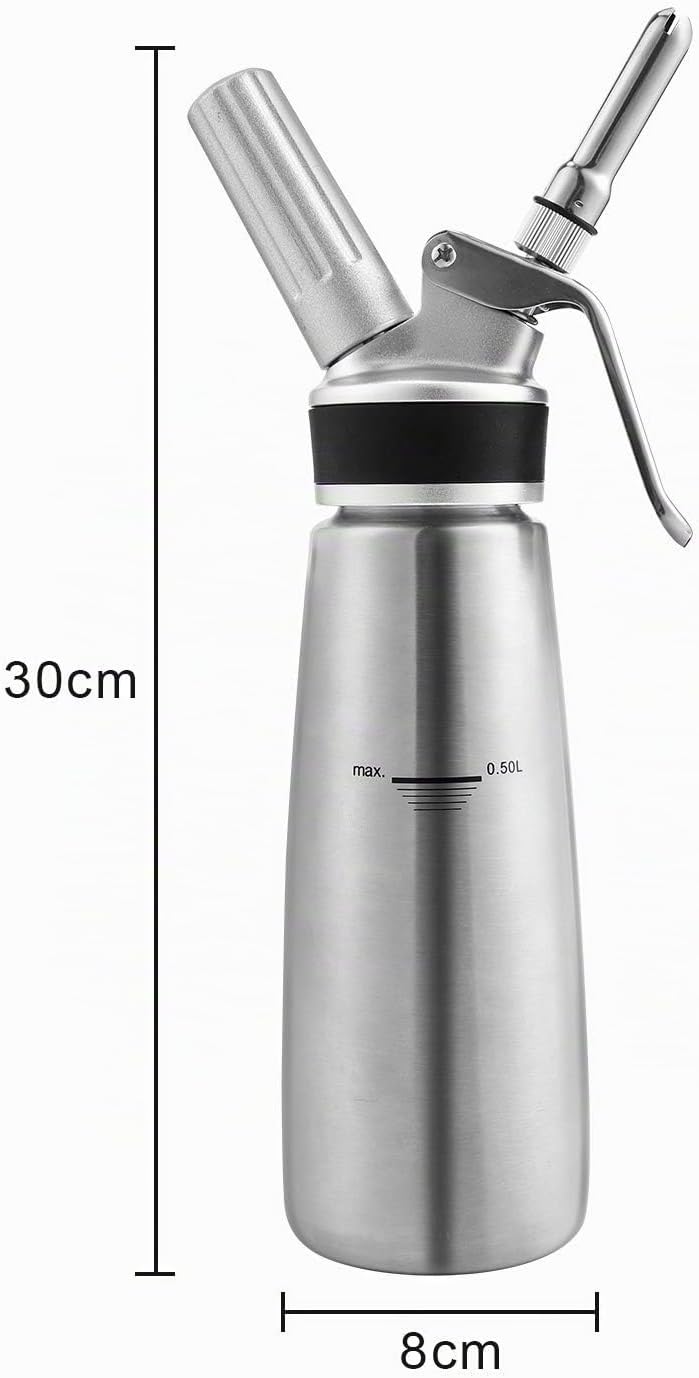 Sahnespender Sahnesyphon Edelstahl, 0,5 L Schlagsahnebereiter mit 3 Edelstahl Deko-Düsen und 1 Reini