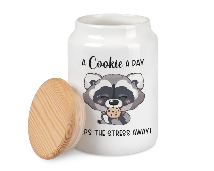 Keksdose Waschbär A Cookie A Day Keeps The Stress Away mit Holzdeckel für Plätzchen