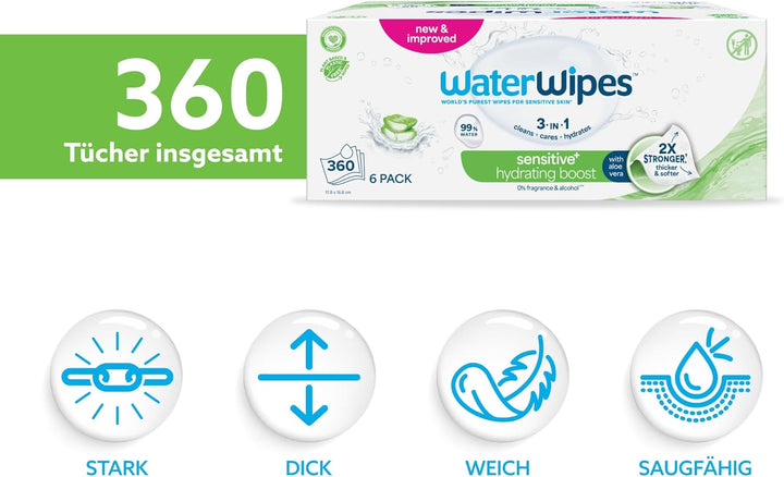 WaterWipes Sensitive+ Hydrating Boost Wipes, Feuchtigkeitsspendende Tücher, 360 Stück (6 Packungen),