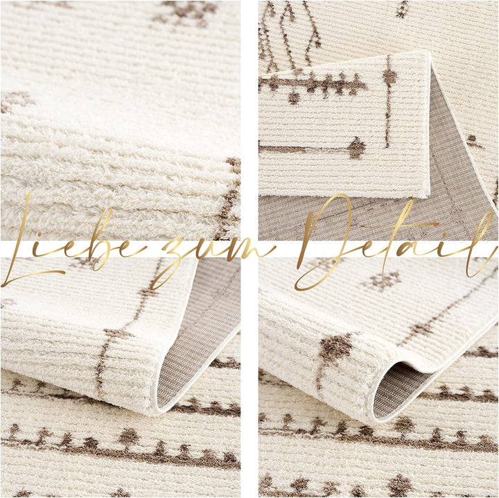 payé Teppich Wohnzimmer - Creme 200x290cm - Ethno Afrika Muster - Hochflor weich Schlafzimmer Flur D