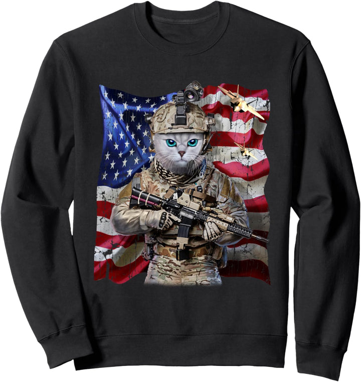 Weisse Katze als Infanterist mit Flagge der USA Sweatshirt