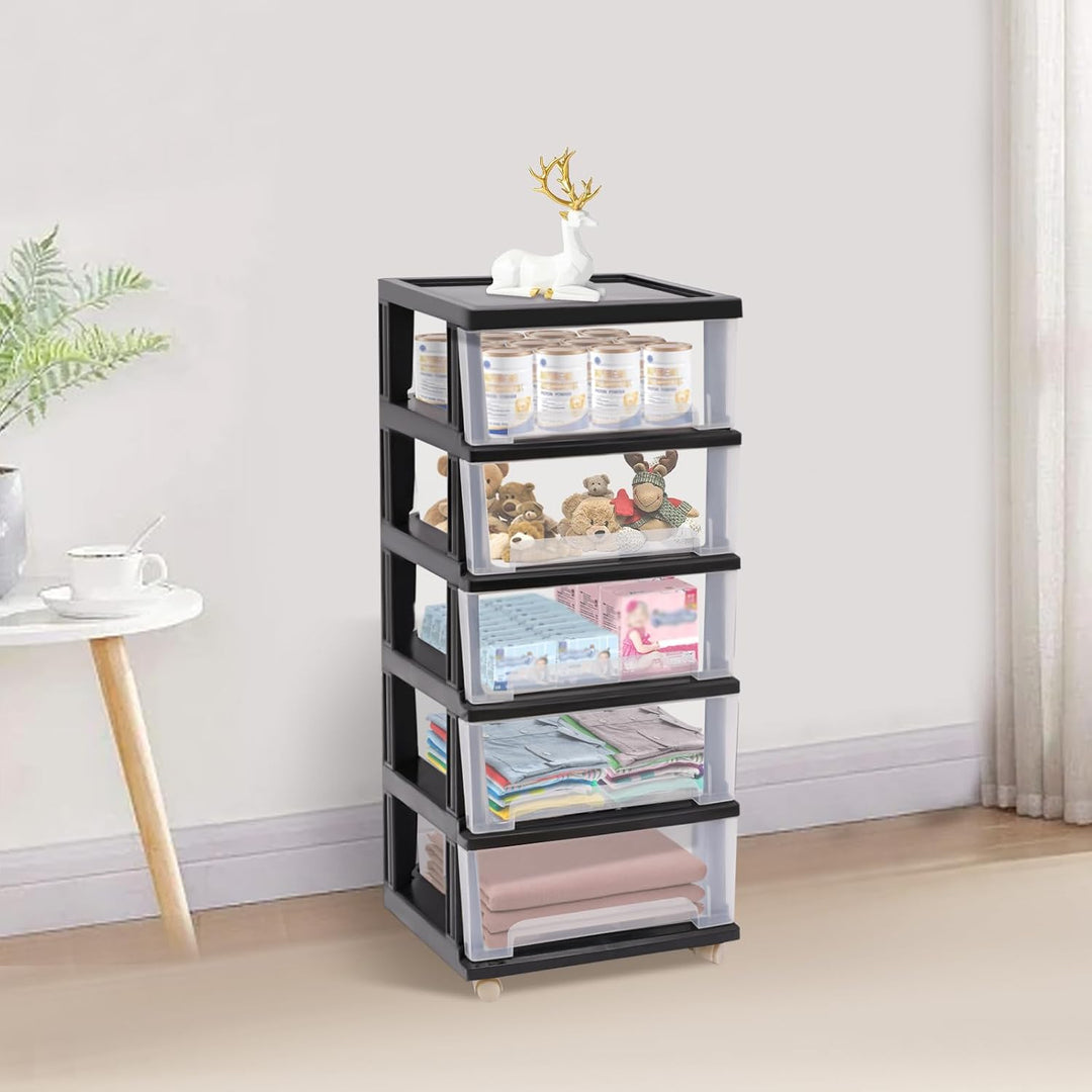 Kunststoff Schubladenbox Rollcontainer mit 5 Schubladen – Transparente Kunststoff Aufbewahrung A4 ko