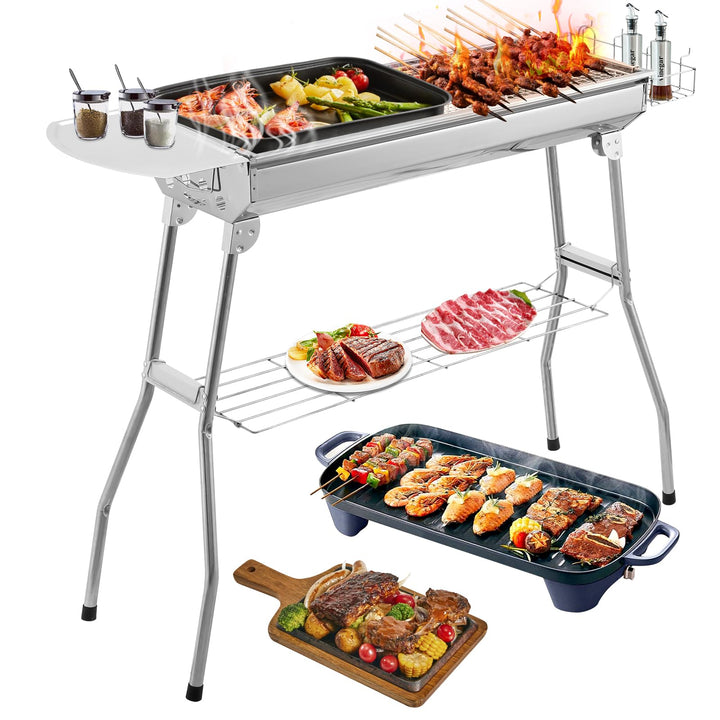 Klappgrill Holzkohlegrill Edelstahl mit Ablage &amp; Gewürzboard | lang 100cm | Faltbarer Portable Schas