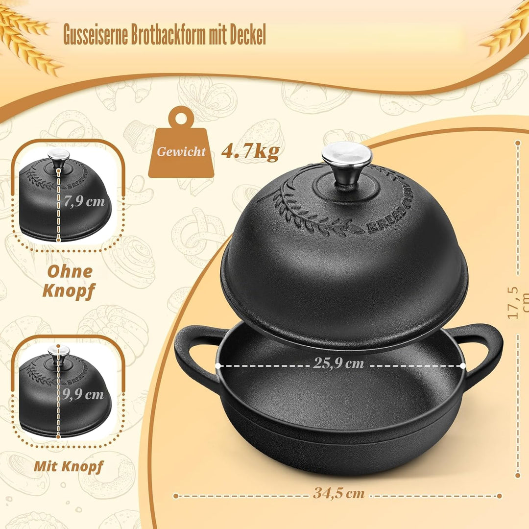 NZQXJXZ Gusseisen Topf Brot Backen 5.7L, Brotbackform mit Deckel, 26 cm Dutch Oven mit Brot Gärkorb