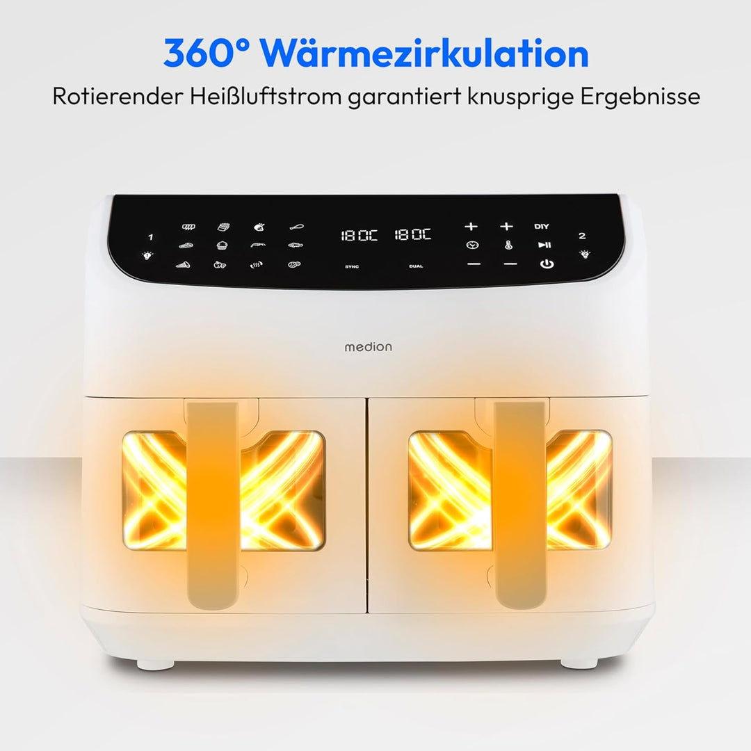 MEDION P20 XXL Heissluftfritteuse mit 2 Kammern (8,7 Liter, Airfryer, 2.600 Watt, Doppelkammer, 10 A