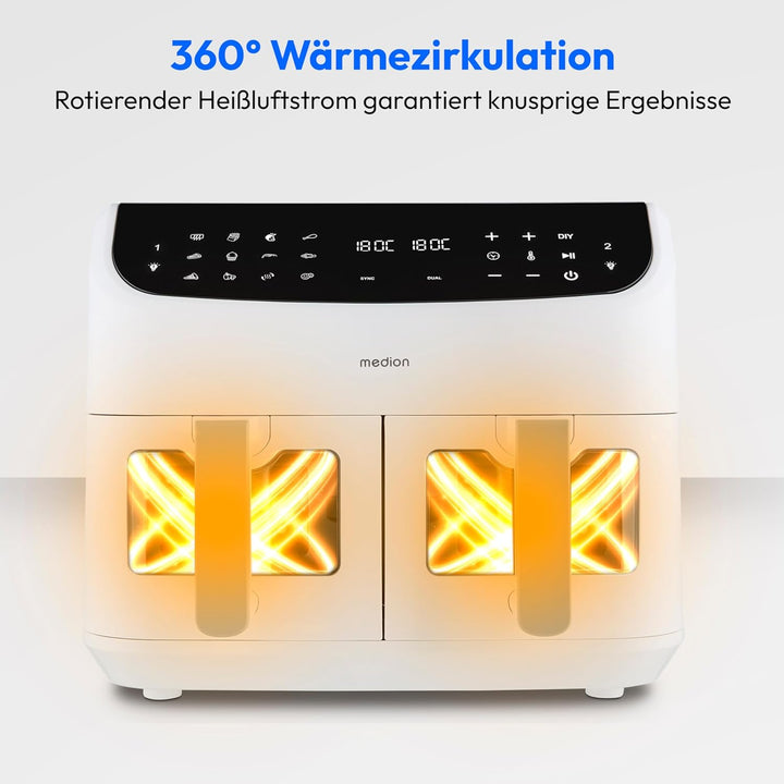 MEDION P20 XXL Heissluftfritteuse mit 2 Kammern (8,7 Liter, Airfryer, 2.600 Watt, Doppelkammer, 10 A