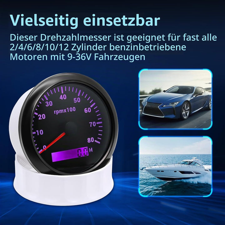85mm Drehzahlmesser 0-8000RPM Wasserdichtes mit Betriebsstundenzähler 7 Farben Hintergrundbeleuchtun